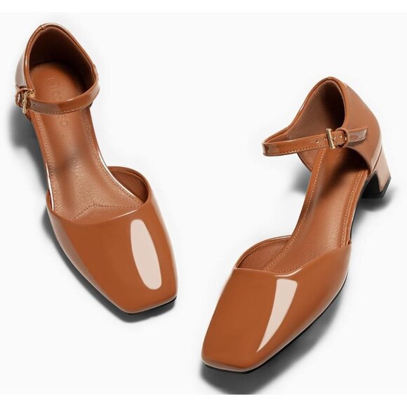 Women\'s Brown Chunky Low Heels Ankle Buckle Strap Square Toe Dress Shoes